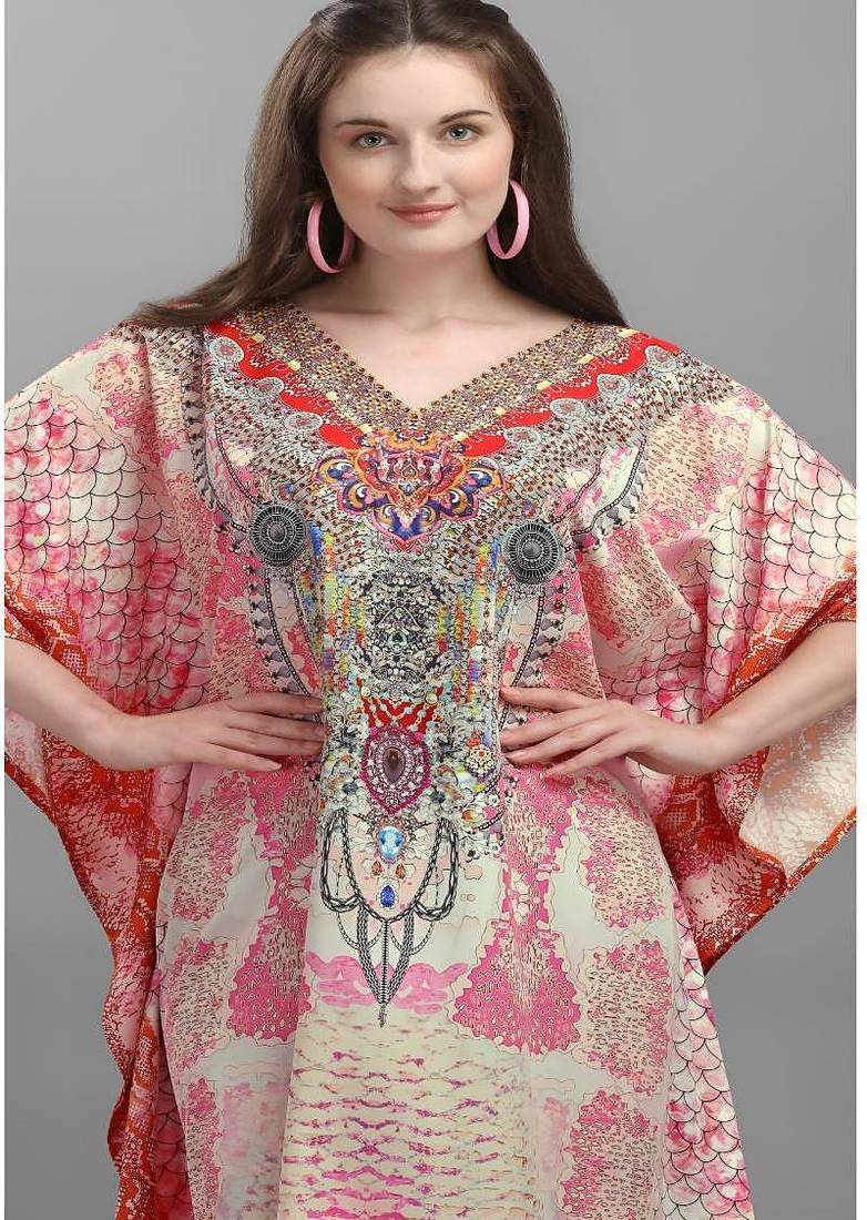 Multicolor digital printed stone work polyester crepe kaftan full- stitched - free size 
