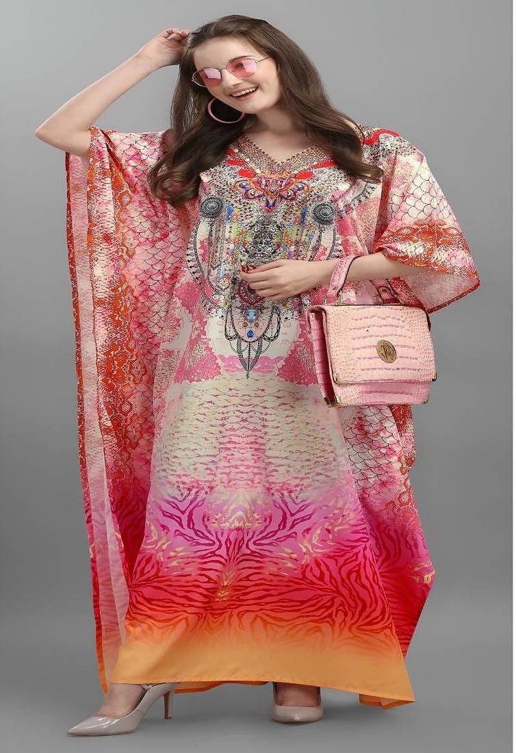 Multicolor digital printed stone work polyester crepe kaftan full- stitched - free size 