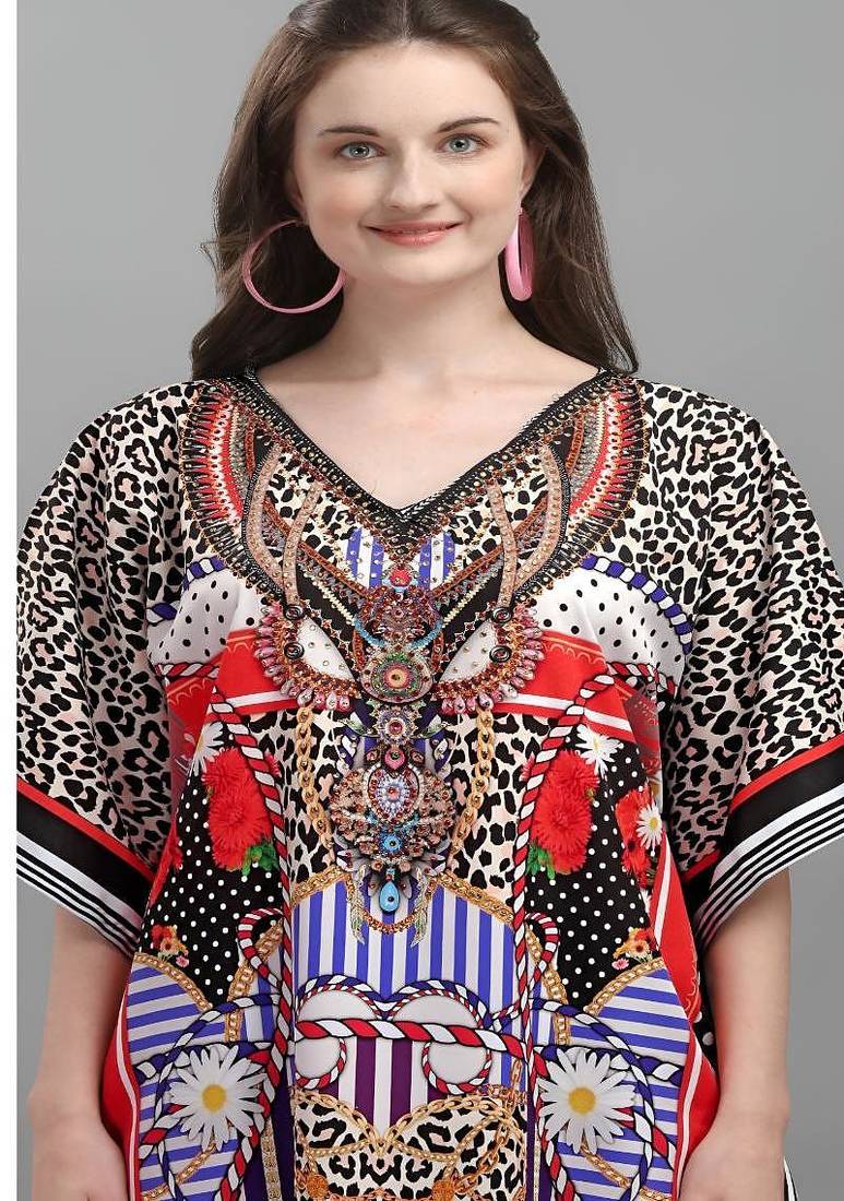 Multicolor digital printed stone work polyester crepe kaftan full- stitched - free size 