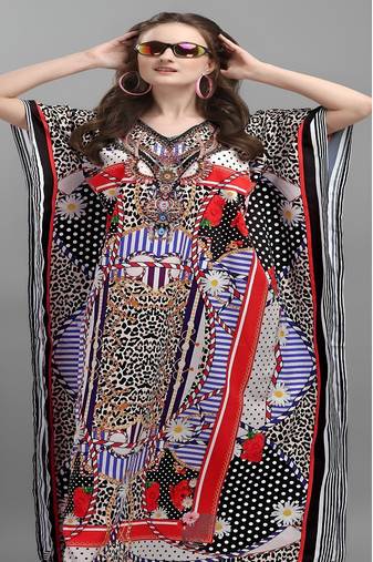 Multicolor digital printed stone work polyester crepe kaftan full- stitched - free size 
