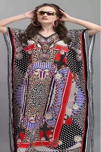 Multicolor digital printed stone work polyester crepe kaftan full- stitched - free size 