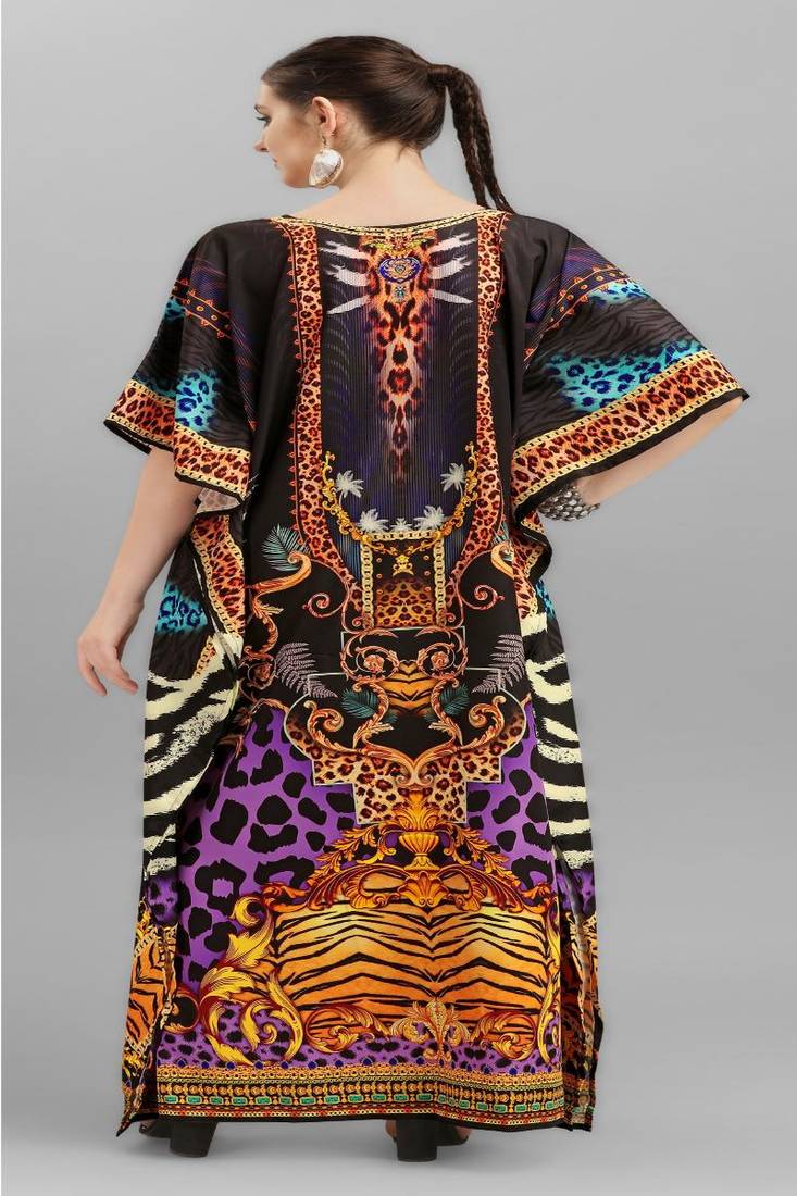 Multicolor digital printed stone work polyester crepe kaftan full- stitched - free size 
