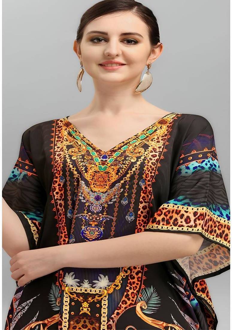 Multicolor digital printed stone work polyester crepe kaftan full- stitched - free size 