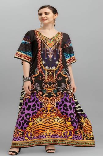 Multicolor digital printed stone work polyester crepe kaftan full- stitched - free size 