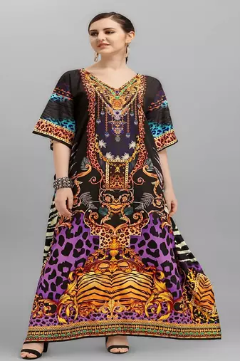 Multicolor digital printed stone work polyester crepe kaftan full- stitched - free size 