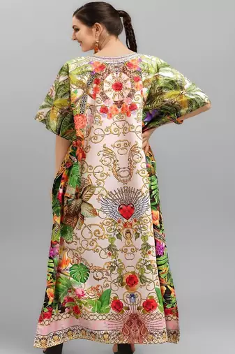 Multicolor digital printed stone work polyester crepe kaftan full- stitched - free size 