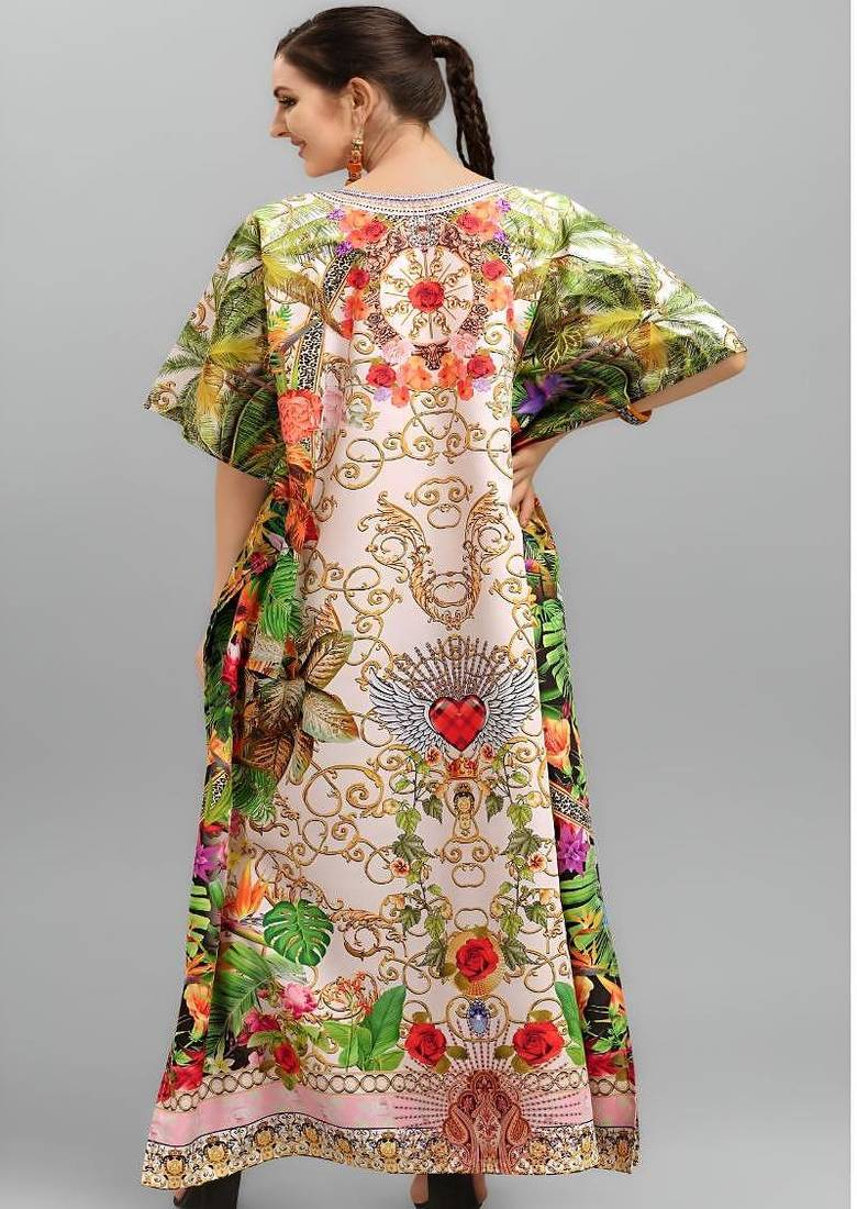 Multicolor digital printed stone work polyester crepe kaftan full- stitched - free size 