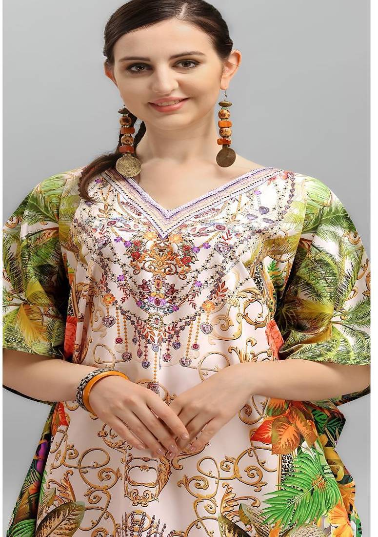 Multicolor digital printed stone work polyester crepe kaftan full- stitched - free size 