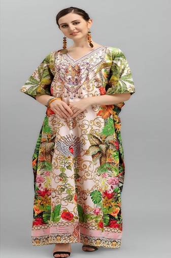 Multicolor digital printed stone work polyester crepe kaftan full- stitched - free size 