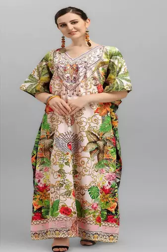 Multicolor digital printed stone work polyester crepe kaftan full- stitched - free size 
