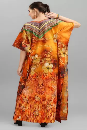 Multicolor digital printed stone work polyester crepe kaftan full- stitched - free size 