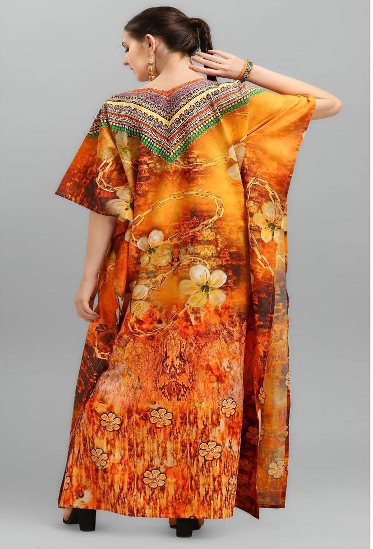Multicolor digital printed stone work polyester crepe kaftan full- stitched - free size 