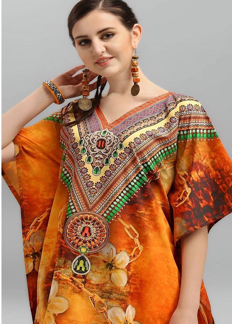 Multicolor digital printed stone work polyester crepe kaftan full- stitched - free size 
