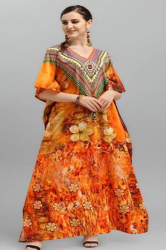 Multicolor digital printed stone work polyester crepe kaftan full- stitched - free size 