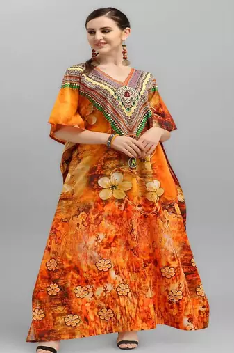 Multicolor digital printed stone work polyester crepe kaftan full- stitched - free size 