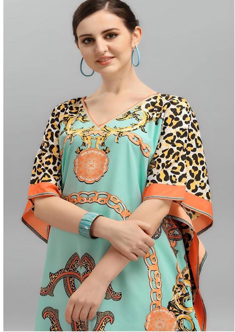 Multicolor digital printed stone work polyester crepe kaftan full- stitched - free size 