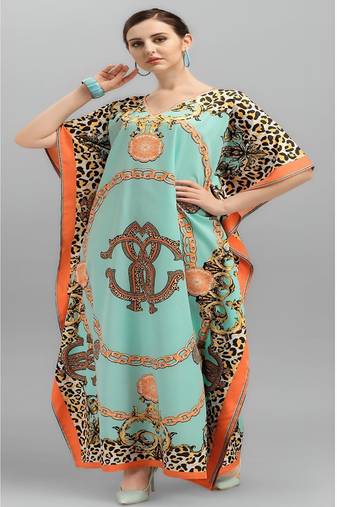 Multicolor digital printed stone work polyester crepe kaftan full- stitched - free size 