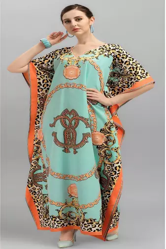 Multicolor digital printed stone work polyester crepe kaftan full- stitched - free size 