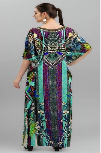 Multicolor digital printed stone work polyester crepe kaftan full- stitched - free size 