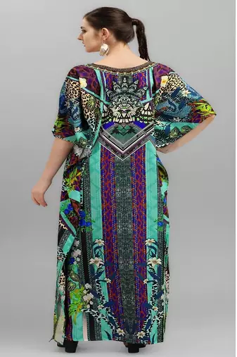 Multicolor digital printed stone work polyester crepe kaftan full- stitched - free size 