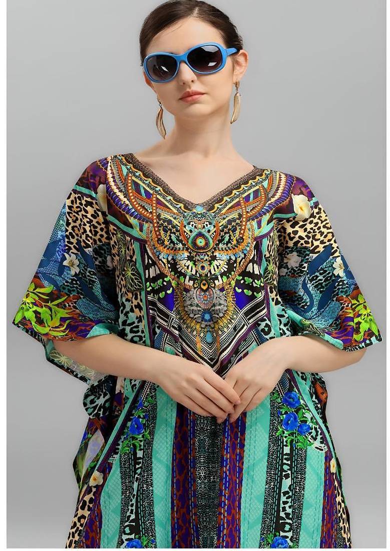 Multicolor digital printed stone work polyester crepe kaftan full- stitched - free size 