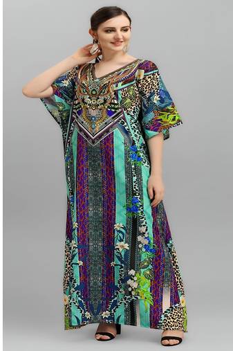 Multicolor digital printed stone work polyester crepe kaftan full- stitched - free size 
