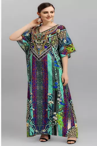 Multicolor digital printed stone work polyester crepe kaftan full- stitched - free size 