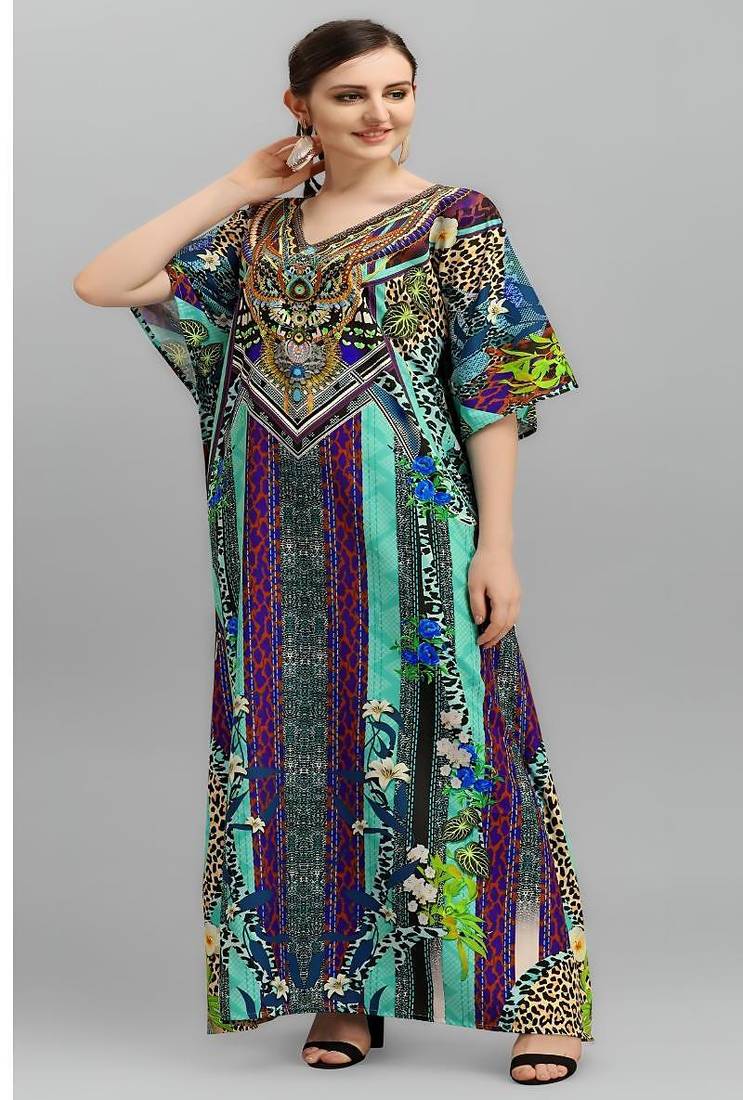 Multicolor digital printed stone work polyester crepe kaftan full- stitched - free size 