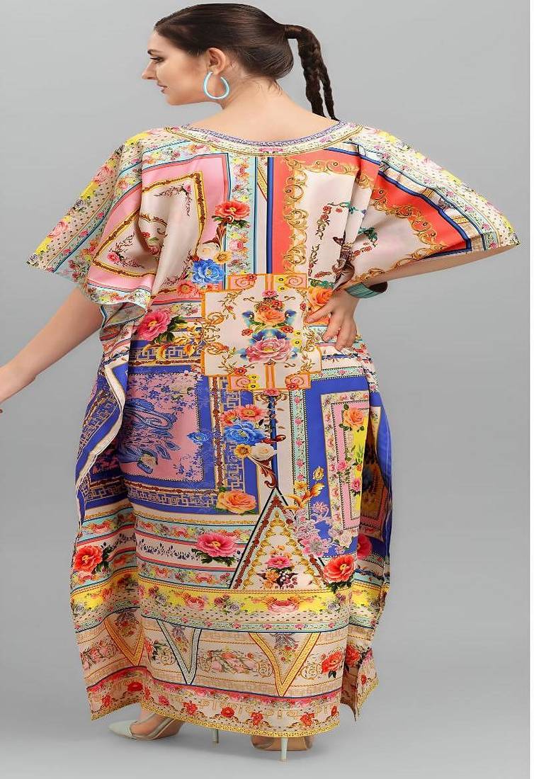Multicolor digital printed stone work polyester crepe kaftan full- stitched - free size 