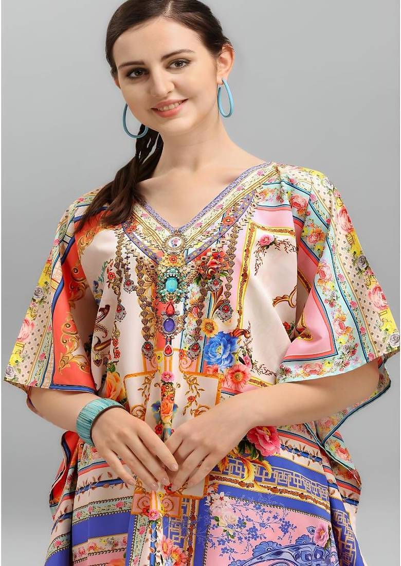 Multicolor digital printed stone work polyester crepe kaftan full- stitched - free size 