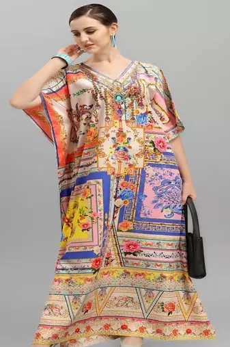 Multicolor digital printed stone work polyester crepe kaftan full- stitched - free size 