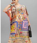 Multicolor digital printed stone work polyester crepe kaftan full- stitched - free size 