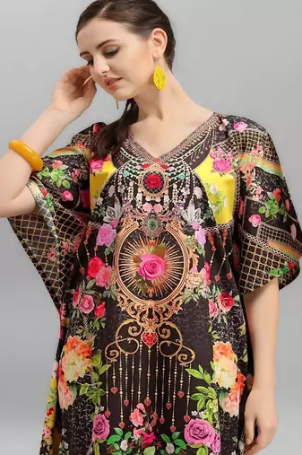 Multicolor digital printed stone work polyester crepe kaftan full- stitched - free size 