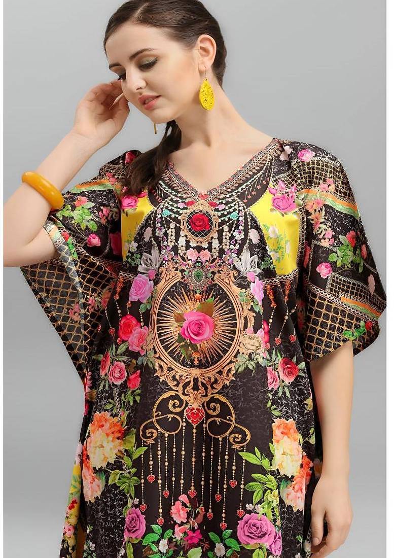 Multicolor digital printed stone work polyester crepe kaftan full- stitched - free size 