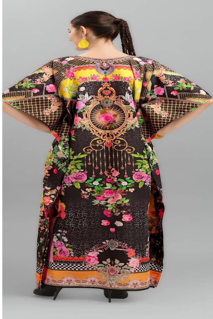 Multicolor digital printed stone work polyester crepe kaftan full- stitched - free size 