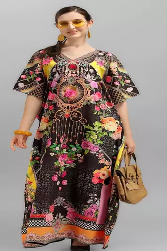 Multicolor digital printed stone work polyester crepe kaftan full- stitched - free size 