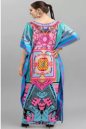 Multicolor digital printed stone work polyester crepe kaftan full- stitched - free size 