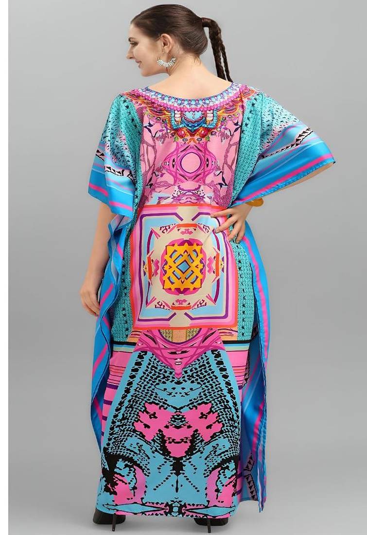 Multicolor digital printed stone work polyester crepe kaftan full- stitched - free size 