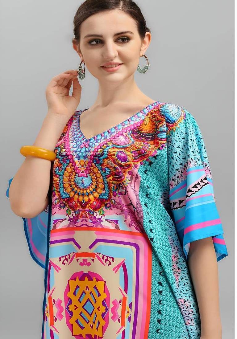Multicolor digital printed stone work polyester crepe kaftan full- stitched - free size 