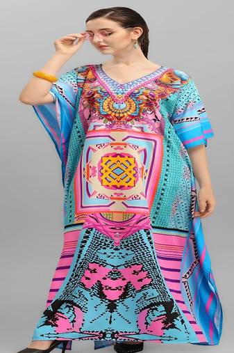 Multicolor digital printed stone work polyester crepe kaftan full- stitched - free size 