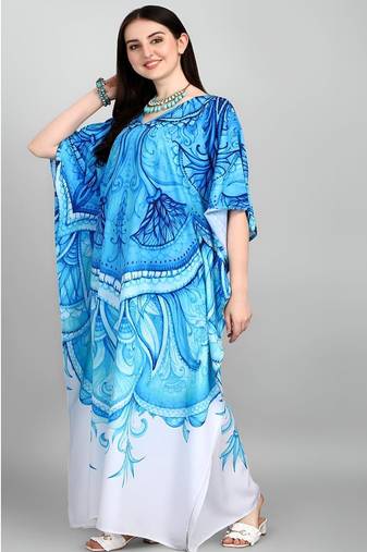 Multicolor digital printed stone work polyester crepe kaftan full- stitched - free size 