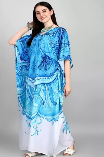 Multicolor digital printed stone work polyester crepe kaftan full- stitched - free size 