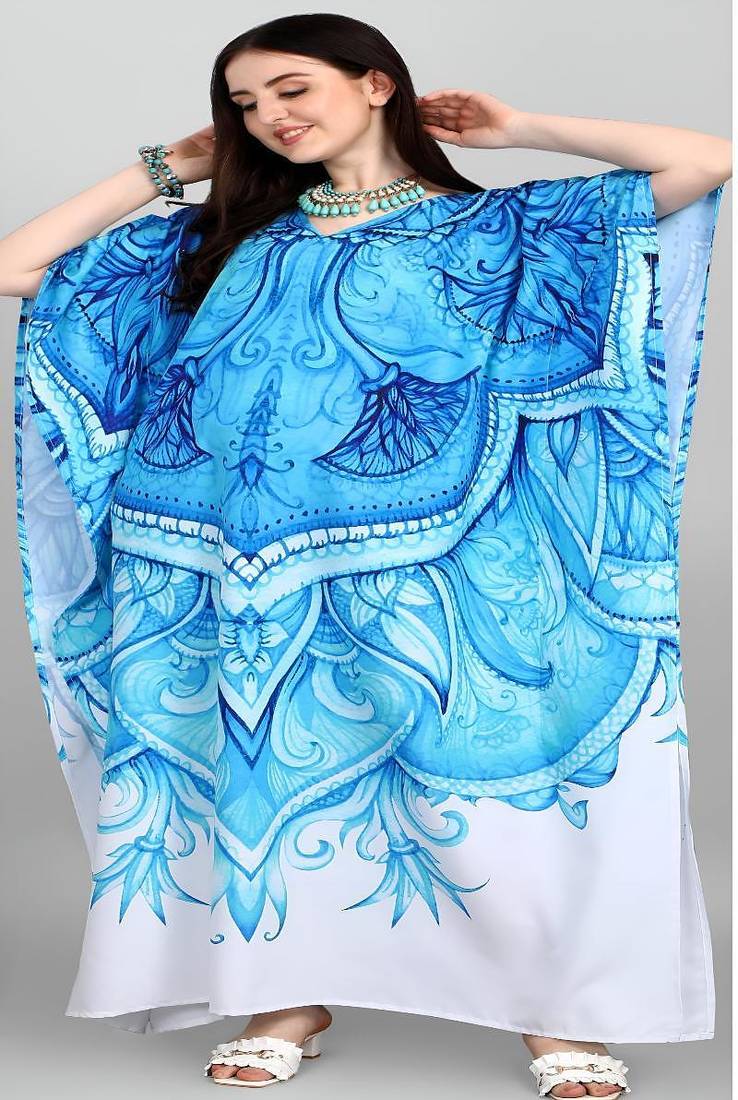 Multicolor digital printed stone work polyester crepe kaftan full- stitched - free size 