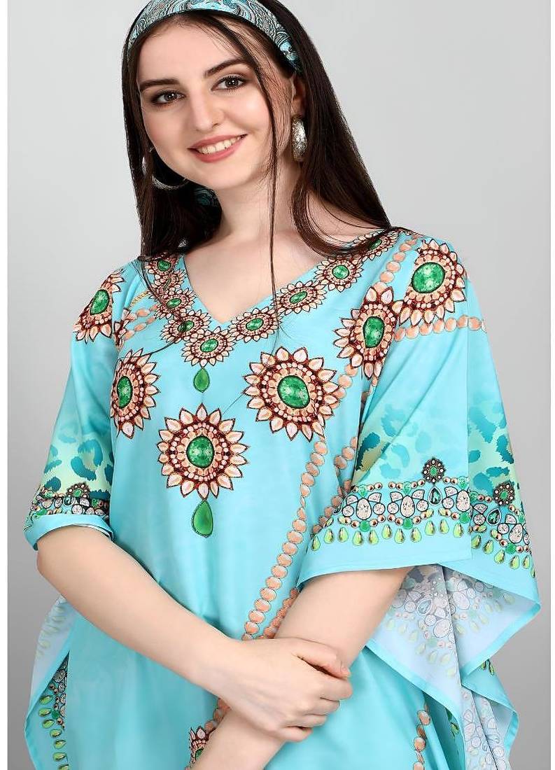 Multicolor digital printed stone work polyester crepe kaftan full- stitched - free size 