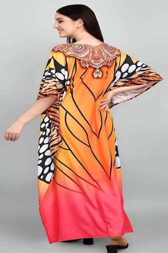 Multicolor digital printed stone work polyester crepe kaftan full- stitched - free size 