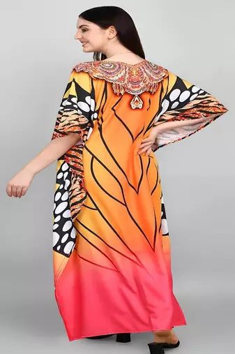 Multicolor digital printed stone work polyester crepe kaftan full- stitched - free size 