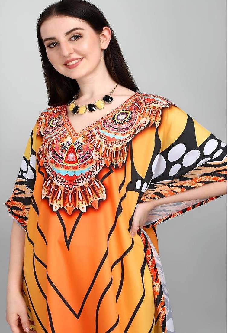 Multicolor digital printed stone work polyester crepe kaftan full- stitched - free size 