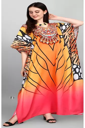 Multicolor digital printed stone work polyester crepe kaftan full- stitched - free size 