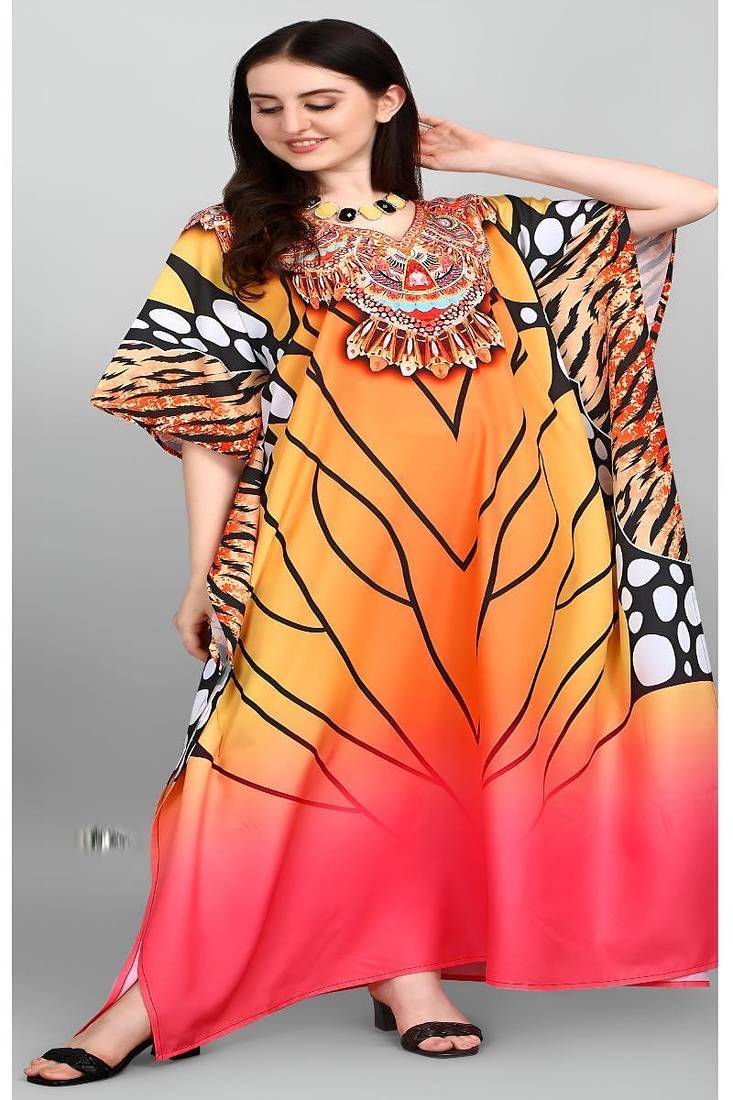 Multicolor digital printed stone work polyester crepe kaftan full- stitched - free size 