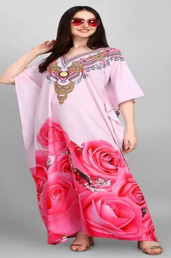 Multicolor digital printed stone work polyester crepe kaftan full- stitched - free size 